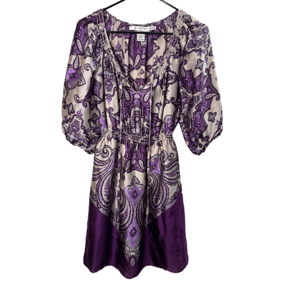 Max Studio Dress XS Purple Paisley Print‎ Drawstring Waist Bohemian Chic